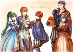  2girls 3boys artist_name belt blue_dress blue_eyes blue_hair boots bouquet box breasts cape closed_eyes commentary_request copyright_name cowboy_shot dated dress eliwood_(fire_emblem) eliwood_(valentine)_(fire_emblem) father_and_daughter father_and_son fire_emblem fire_emblem:_the_binding_blade fire_emblem:_the_blazing_blade fire_emblem_heroes flower gift gift_box green_eyes green_hair hat headband hector_(fire_emblem) hector_(valentine)_(fire_emblem) interlocked_fingers lilina_(fire_emblem) lilina_(valentine)_(fire_emblem) long_hair long_sleeves lyn_(fire_emblem) lyn_(valentine)_(fire_emblem) medium_breasts multiple_boys multiple_girls open_mouth own_hands_clasped own_hands_together ponytail puffy_long_sleeves puffy_pants puffy_sleeves red_dress red_hair roy_(fire_emblem) roy_(valentine)_(fire_emblem) shoochiku_bai short_hair smile valentine 