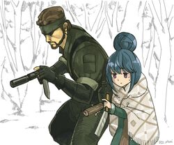  1boy absurdres beard blue_hair canteen commentary crossover facial_hair female gun hair_bun handgun highres hjz_(artemi) holding holding_gun holding_weapon knife metal_gear_(series) metal_gear_solid_3:_snake_eater naked_snake nata_(tool) ootsuka_akio shima_rin single_hair_bun suppressor voice_actor_connection weapon yurucamp 