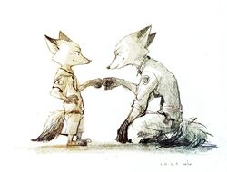  2018 anthro barefoot canid canine clothing crouching dipstick_ears dipstick_tail disney duo ear_markings feet fist_bump fox fur gesture gloves_(marking) hi_res male mammal markings multicolored_ears multicolored_tail nick_wilde noko_ume police police_uniform red_fox simple_background smile square_crossover standing tail tail_markings true_fox uniform young zootopia 