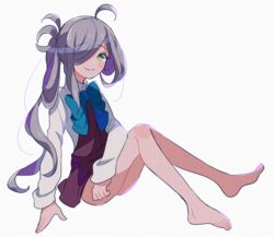  asashimo_(kancolle) bad_id bad_pixiv_id barefoot enji_(nk) female green_eyes grey_hair hair_over_one_eye kantai_collection long_hair no_legwear ponytail smile uniform 