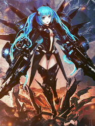  bad_id bad_pixiv_id blue_hair boots breasts center_opening cleavage ddr_qing female hatsune_miku long_hair medium_breasts photoshop_(medium) solo thigh_boots thighhighs twintails very_long_hair vocaloid weapon 