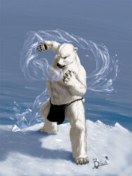  2009 3:4 4_toes 5_fingers anthro barefoot bear biped black_bottomwear black_claws black_clothing black_nose bottomwear claws clothed clothing day digital_media_(artwork) elemental_manipulation feet fingers front_view fur ice lion21 loincloth magic magic_user male mammal outside plantigrade polar_bear shadow signature solo standing toe_claws toes topless ursine water water_manipulation white_body white_fur 