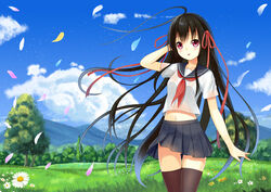  black_hair black_thighhighs cloud commentary_request cowboy_shot day female flower grass hair_ribbon highres long_hair looking_at_viewer miniskirt mountain navel open_mouth original outdoors petals photoshop_(medium) pleated_skirt red_eyes ribbon school_uniform serafuku setona_(daice) short_sleeves skirt sky solo thighhighs tree very_long_hair zettai_ryouiki 