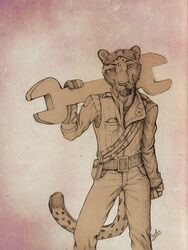  alternative_fashion anthro bottomwear clothing denim denim_bottomwear denim_clothing eosfoxx felid holding_object holding_tool jeans leopard male mammal monochrome pantherine pants sepia solo steampunk tools wrench 