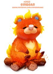  2018 ambiguous_gender bear campfire candy claws closed_eyes dessert digital_media_(artwork) digital_painting_(artwork) elemental_creature feral fire fire_creature flaming_fur food humor mammal marshmallow piper_thibodeau pun simple_background solo white_background wood 