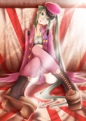  boots commentary_request cross-laced_footwear female green_eyes green_hair hat hatsune_miku head_tilt lace-up_boots long_hair makoto5391 medal open_mouth peaked_cap photoshop_(medium) pink_thighhighs senbonzakura_(vocaloid) sitting solo thighhighs twintails very_long_hair vocaloid 