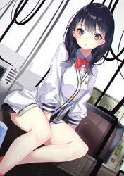  amahara_pekozaemon between_legs black_hair black_skirt blue_eyes bow cable cardigan collared_shirt commentary_request dutch_angle female gridman_universe hand_between_legs jacket long_hair long_sleeves looking_at_viewer miniskirt parted_lips pleated_skirt red_bow red_socks school_uniform shirt sitting skirt socks solo ssss.gridman takarada_rikka thighs white_background white_jacket white_shirt 