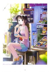  ahoge bare_shoulders bench brown_eyes brown_hair collarbone dress eating female food highres ice_cream kikuchi_yume mahou_tsukai_ni_taisetsu_na_koto shoes short_hair sitting skirt socks solo yoshizuki_kumichi 