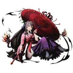  amaterasu_(road_to_dragons) black_hair bow divine_gate female full_body hair_ornament high_heels holding holding_umbrella japanese_clothes kimono long_hair long_skirt looking_at_viewer low-tied_long_hair official_art oil-paper_umbrella purple_eyes purple_skirt red_bow road_to_dragons shadow skirt smile solo transparent_background ucmm umbrella very_long_hair 