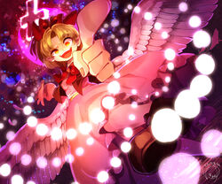  bad_id bad_pixiv_id blonde_hair blouse blunt_bangs bow brown_footwear crazy_smile cross danmaku dated feathered_wings female from_below gengetsu_(touhou) hairbow highres long_sleeves looking_at_viewer looking_down outstretched_arms parted_bangs pink_skirt pointing pointing_at_viewer pointy_ears raised_eyebrow red_bow red_vest shirt shoes short_hair skirt smile solo teeth touhou touhou_(pc-98) vest white_shirt white_wings wings yellow_eyes yukkyon_kyon 