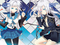  2girls black_legwear black_ribbon black_shirt black_skirt blue_eyes blue_neckwear blue_skirt breasts character_name cleavage cowboy_shot dress_shirt frilled_skirt frills from_above hair_between_eyes hair_ribbon hand_in_own_hair kanase_kanon la_folia_rihavein large_breasts long_hair looking_at_viewer lying manyako_(mohumohu) miniskirt multiple_girls non-web_source novel_illustration official_art on_back on_side open_clothes open_mouth open_shirt pantyhose photoshop_(medium) pleated_skirt ribbon saikai_academy_school_uniform school_uniform serafuku shirt skirt strike_the_blood very_long_hair white_hair white_shirt 