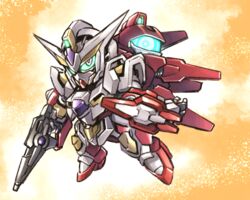  beam_rifle commentary_request energy_gun glowing green_eyes gundam gundam_00 highres ishiyumi mecha no_humans orange_background reborns_gundam robot sd_gundam shield solo weapon 