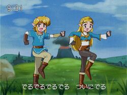  1990s_(style) 1boy anime_coloring araizumi_rui_(style) belt blonde_hair blue_eyes champion&#039;s_tunic_(zelda) choroli_(chorolin) commentary_request fake_screenshot female film_grain fingerless_gloves gloves link long_hair outdoors parody pointy_ears princess_zelda retro_artstyle style_parody subtitled the_legend_of_zelda the_legend_of_zelda:_breath_of_the_wild timestamp translation_request volcano 