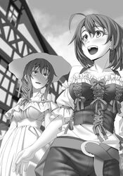  2girls :d ahoge belt braid braided_ponytail corset cow_girl_(goblin_slayer!) day dress goblin_slayer! greyscale guild_girl_(goblin_slayer!) hair_between_eyes hair_over_shoulder hair_ribbon hat highres kannatsuki_noboru monochrome multiple_girls non-web_source novel_illustration official_art open_mouth outdoors pants ribbon single_braid sleeveless sleeveless_dress smile standing sun_hat sundress 