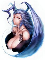  ahoge bare_shoulders blue_eyes blue_hair breasts commentary_request female final_fantasy final_fantasy_x fumio_(rsqkr) genderswap_(mtf) huge_ahoge huge_breasts jewelry lips long_hair necklace rule_63 seymour_guado simple_background solo tattoo white_background 