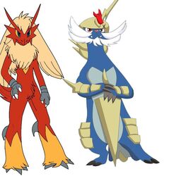  ambiguous_gender anthro avian bird blaziken blue_eyes claws duo fan_character feet fur generation_3_pokemon generation_5_pokemon hair mammal mustelid nintendo pokemon pokemon_(species) ribbons rk rocket_(rk) samurott standing teeth toe_claws toes 