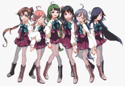  6+girls ahoge akigumo_(kancolle) bad_id bad_pixiv_id black_hair blue_eyes braid brown_eyes brown_hair enji_(nk) glasses green_hair grey_hair grin hair_over_one_eye hayashimo_(kancolle) kantai_collection kiyoshimo_(kancolle) locked_arms long_hair long_sleeves makigumo_(kancolle) mole mole_under_mouth multicolored_hair multiple_girls naganami_(kancolle) one_eye_closed pantyhose pink_hair ponytail sleeves_past_wrists smile tongue uniform very_long_hair wavy_hair yellow_eyes yuugumo_(kancolle) 