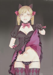  alternate_legwear animal_ears argyle_clothes argyle_legwear bead_bracelet beads black_cat_d.va black_dress black_gloves black_panties blonde_hair bow bowtie bracelet breasts brown_eyes cat_ear_panties cat_ears checkered_clothes checkered_legwear cleavage clothes_lift commentary corset cowboy_shot d.va_(overwatch) dress dress_lift earrings female frilled_dress frills gloves gradient_background grey_background heart heart_earrings highres irazv_(user_yawa7442) jewelry lolita_fashion looking_at_viewer medium_hair navel oerba_yun_fang official_alternate_costume open_mouth overwatch overwatch_1 panties pink_bow puffy_short_sleeves puffy_sleeves short_sleeves signature skirt skirt_lift small_breasts smile solo thighhighs twintails underwear zavir 