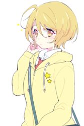  87banana ahoge blonde_hair commentary female hood hooded_jacket hugtto!_precure jacket kagayaki_homare l&#039;avenir_academy_school_uniform long_sleeves looking_at_viewer necktie precure red_necktie school_uniform short_hair solo star_(symbol) upper_body yellow_eyes 