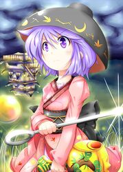  bowl bowl_hat commentary_request female floating_castle hat highres holding holding_needle japanese_clothes kikurage_(sugi222) kimono long_sleeves miracle_mallet needle obi pink_kimono purple_eyes purple_hair sash shining_needle_castle solo sukuna_shinmyoumaru touhou upside-down 