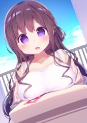  blue_sky blush box breast_rest breasts brown_hair carried_breast_rest carrying chikuwa. cloud collarbone commentary day dutch_angle female half_updo halterneck highres holding holding_box kyouzuka_shion large_breasts long_hair looking_at_viewer no_pupils open_mouth outdoors purple_eyes sky slow_start solo upper_body 