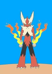  3_toes ambiguous_gender anthro ass avian bird blue_eyes claws feet fire fur generation_6_pokemon hair looking_at_viewer mega_blaziken mega_evolution nintendo pokemon pokemon_(species) rk solo standing toe_claws toes 