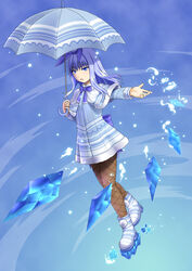  bad_id bad_pixiv_id blue_dress blue_eyes blue_footwear blue_hair blue_ribbon boots capelet commentary_request dress female fishnet_pantyhose fishnets hair_ribbon holding holding_umbrella icicle long_hair long_sleeves original pantyhose parted_lips ragi_(schrdngr) ribbon sidelocks solo umbrella 