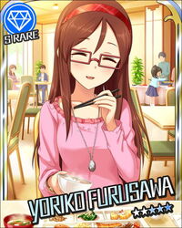  artist_request blush bowl brown_hair buffet card_(medium) chair character_name chopsticks closed_eyes diamond_(gemstone) faceless female food furusawa_yoriko gem_(symbol) glasses hairband holding holding_chopsticks idolmaster idolmaster_cinderella_girls indoors jewelry left-handed long_hair mole mole_under_eye necklace official_art open_mouth outside_border sitting solo_focus source_request star_(symbol) table 