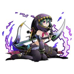  aqua_hair bare_shoulders black_pants breasts cleavage collarbone divine_gate female full_body gauntlets hair_between_eyes hair_ornament hairclip hood karma_(road_to_dragons) medium_breasts official_art pants purple_eyes road_to_dragons shadow short_hair solo transparent_background ucmm weapon 