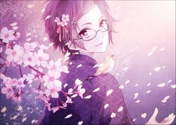  1boy bird cherry_blossoms commentary_request flower from_behind glasses hair_flower hair_ornament japanese_clothes looking_at_viewer looking_back male_focus moco niconico niconico_bar petals purple_eyes purple_hair sakanashi_touya solo utaite 