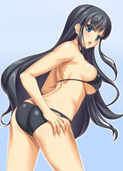  artistic_error ass bikini black_hair blue_eyes breasts commentary_request female hammerman_benkei ikaruga_(senran_kagura) large_breasts long_hair senran_kagura senran_kagura_shoujo-tachi_no_shin&#039;ei swimsuit 