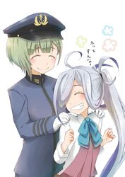  2girls asashimo_(kancolle) b-man bow bowtie closed_eyes closed_mouth commentary_request female_admiral_(kancolle) gloves green_hair grey_hair grin hair_over_one_eye hands_on_another&#039;s_shoulders hat kantai_collection long_hair long_sleeves military military_uniform multiple_girls naval_uniform open_mouth peaked_cap school_uniform short_hair simple_background smile translated uniform white_background white_gloves 