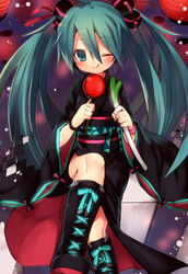  ;q aqua_eyes aqua_hair black_kimono blush boots bracelet candy_apple commentary_request cross-laced_footwear female festival food hatsune_miku japanese_clothes jewelry ju-zika kimono knee_boots lace-up_boots long_hair one_eye_closed smile solo spring_onion tongue tongue_out twintails vocaloid 