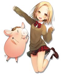  :d alternate_costume animal asymmetrical_bangs bad_id bad_pixiv_id blonde_hair elaine female hawk_(nanatsu_no_taizai) long_sleeves looking_at_viewer nanatsu_no_taizai open_mouth outstretched_arm pig pleated_skirt school_uniform shadow shoes short_hair simple_background skirt sleeves_past_wrists slim_legs smile socks solo sweater_vest taishou_tanaka tareme thighs white_background white_socks yellow_eyes 