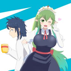  breasts chi_no_maidragon chiki cup enlay female fire_emblem gloves green_eyes green_hair kobayashi-san large_breasts long_hair looking_at_viewer maid maid_dress maid_headress monster_girl multicolored_hair open_mouth priam red_necktie skirt smile tooru_(maidragon) very_long_hair white_shirt 