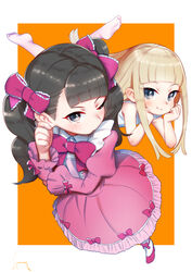  2girls akino_matsuki akino_miyo bare_shoulders barefoot black_eyes black_hair blonde_hair blue_eyes blunt_bangs border bow commentary_request dress foot_up frilled_dress frills hairbow hand_on_own_ear head_rest high_heels highres long_sleeves looking_at_viewer lying multiple_girls on_stomach one_eye_closed orange_background outside_border pink_bow pink_dress pink_footwear puffy_long_sleeves puffy_sleeves shamonabe shoes short_bangs siblings sideless_bangs signature sisters smile standing straight_hair twintails wakaokami_wa_shougakusei white_border white_dress wide_sleeves 