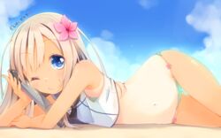  ;) bad_id bad_pixiv_id bikini bikini_under_clothes blonde_hair blue_eyes closed_mouth crop_top female flower green_bikini hair_flower hair_ornament highres hirose_madoka kantai_collection long_hair lowleg lowleg_bikini lying micro_bikini on_side one-piece_tan one_eye_closed ro-500_(kancolle) sailor_collar smile solo swimsuit tan tanlines torpedo 