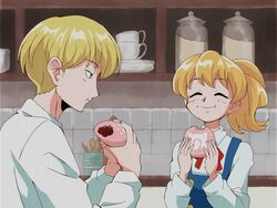  1990s_(style) 1boy acca_13-ku_kansatsu-ka anime_coloring blonde_hair blue_eyes brother_and_sister choroli_(chorolin) commentary crossover eating fake_screenshot female film_grain food holding holding_food japari_bun jean_otus kemono_friends lotta_otus parody ponytail retro_artstyle season_connection siblings style_parody 