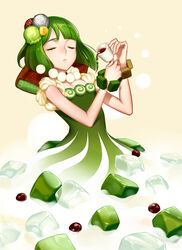  1other androgynous anmitsu_(dessert) blunt_bangs bob_cut bracelet cake closed_eyes closed_mouth commentary_request cup dress food food-themed_hair_ornament food_as_clothes gelatin green_dress green_hair hair_ornament holding holding_cup ice ice_cream ice_cube jewelry light_frown necklace original personification pouring short_hair sleeveless sleeveless_dress solo swiss_roll syrup tokie_(tokie-mizu) yellow_background 