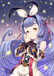  absurdres bare_shoulders black_ribbon blush brown_eyes closed_mouth commentary_request detached_sleeves dress female frilled_sleeves frills gradient_background granblue_fantasy hair_ribbon head_tilt highres long_hair long_sleeves looking_at_viewer own_hands_together phoebe_(granblue_fantasy) purple_hair red_ribbon ribbon smile solo star_(symbol) tomo_(tmtm_mf_mf) very_long_hair 