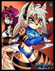  abstract_background anthro black_stripes blue_eyes clothed clothing countershading darkfang100 darkfangcomics duo extinct fangs felid feline female fur hair hi_res inner_ear_fluff long_hair lynx mammal midriff multicolored_body multicolored_fur nilana_the_lynx orange_body orange_fur pink_hair prehistoric_species red_eyes saber-toothed_tiger sabertooth_(anatomy) stealth_the_series stripes tan_body tan_fur teeth tuft white_body white_fur white_hair zara_the_sabortooth_cat 