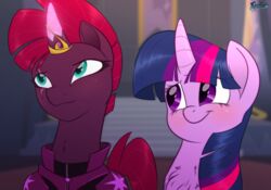  2018 absurd_res armor blue_eyes blush broken_horn duo equid equine female fluffyxai friendship_is_magic hair hasbro hi_res horn mammal my_little_pony my_little_pony:_the_movie_(2017) mythological_creature mythological_equine mythology purple_eyes smile tempest_shadow_(mlp) twilight_sparkle_(mlp) unicorn 