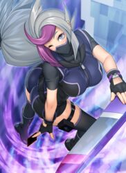  bessho_emma boots breasts card female fingerless_gloves full_body ghost_girl_(yu-gi-oh!_vrains) gloves grey_hair holding holding_card large_breasts long_hair looking_at_viewer mask mouth_mask multicolored_hair one_eye_closed purple_eyes purple_hair short_sleeves solo suzume_inui thigh_boots thighhighs turtleneck two-tone_hair yu-gi-oh! yu-gi-oh!_vrains zipper zipper_pull_tab 