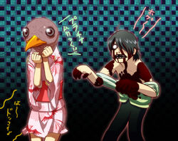  1boy araragi_koyomi araragi_tsukihi bird brother_and_sister commentary_request dondongarara female japanese_clothes kimono monogatari_(series) nisemonogatari outstretched_arms parody photoshop_(medium) siblings zombie_pose 