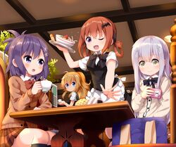  4girls :/ ;d ahoge alternate_hairstyle apron bag bat_hair_ornament black_bow black_bowtie black_legwear black_ribbon black_vest blue_eyes blush bottle bow bowl bowtie bread brick_wall brown_eyes cafe camera cardigan ceiling chair charm_(object) closed_mouth collared_shirt commentary_request cross_hair_ornament cup employee_uniform food frilled_apron frills gabriel_dropout gabriel_tenma_white hair_between_eyes hair_ornament hair_ribbon hair_rings hairclip holding holding_camera holding_cup kneehighs light_purple_hair long_hair looking_at_another melon_bread multiple_girls noodles one_eye_closed onigiri open_mouth orange_hair outstretched_arm plaid plaid_skirt plant plate pleated_skirt ponytail purple_eyes purple_hair raphiel_shiraha_ainsworth red_bow red_bowtie red_skirt ribbon ruu_(tksymkw) satanichia_kurumizawa_mcdowell school_bag school_uniform shirt short_sleeves skirt smile socks spice sweatdrop table teacup tray udon uniform v-shaped_eyebrows vest vignette_tsukinose_april waist_apron waitress white_shirt wing_collar x_hair_ornament 