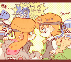  3boys 3girls :d ^_^ ^o^ army-kun_(splatoon) beret blue_hair bobble-chan_(splatoon) bobblehat closed_eyes commentary_request domino_mask emblem facepaint fish forge-chan_(splatoon) glasses-kun_(splatoon) goggle-kun_(splatoon) goggles goggles_on_head hat headphone-chan_(splatoon) inkling jacket jacket_removed kappaman mask multiple_boys multiple_girls open_mouth orange_eyes orange_hair pointy_ears smile splatoon splatoon_(manga) surprised tentacle_hair translation_request 