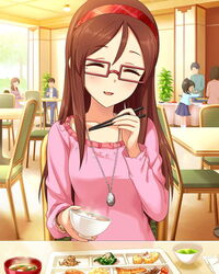  artist_request blush bowl brown_hair buffet chair chopsticks closed_eyes faceless female food furusawa_yoriko glasses hairband holding holding_chopsticks idolmaster idolmaster_cinderella_girls indoors jewelry left-handed long_hair mole mole_under_eye necklace official_art open_mouth sitting solo_focus source_request table 