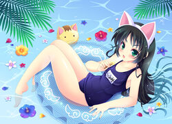  animal_ears black_hair cat_ears commentary_request feline female food green_eyes hazuki_kurumi innertube kaitou_tenshi_twin_angel long_hair one-piece_swimsuit popsicle school_swimsuit swim_ring swimsuit tokinon twin_angel 