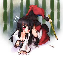  2girls all_fours animal_ears bamboo bikuseno black_hair black_shirt blouse breasts cape cleavage commentary downblouse dullahan headless imaizumi_kagerou long_hair long_sleeves miniskirt multiple_girls red_cape red_eyes red_skirt sekibanki shirt skirt tail touhou white_shirt wolf_ears wolf_tail 