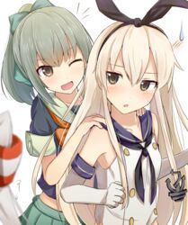  2girls ;d amatsukaze_(kancolle) blonde_hair bow bowtie brown_eyes collarbone commentary_request cuon_(kuon) elbow_gloves gloves green_skirt grey_hair hairband hands_on_another&#039;s_shoulders highres kantai_collection long_hair multiple_girls one_eye_closed open_mouth orange_bow orange_bowtie ponytail school_uniform serafuku shimakaze_(kancolle) short_sleeves skirt smile sweatdrop uniform yuubari_(kancolle) 